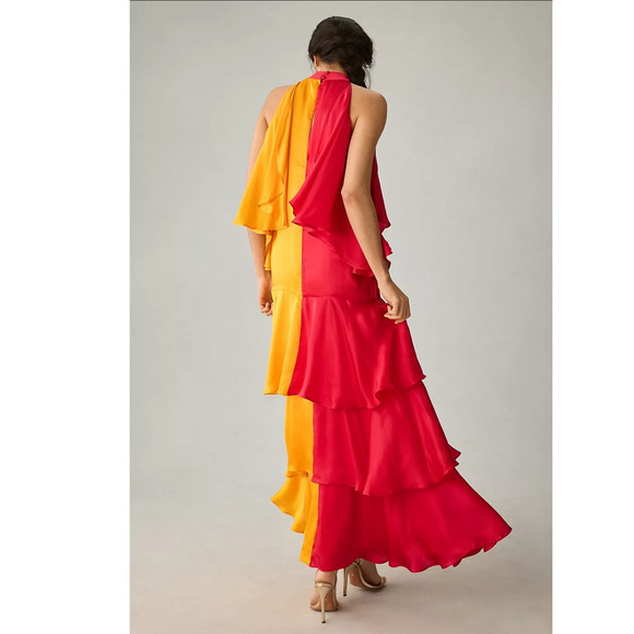 New Anthropologie Pinnacle Shruti Sancheti Mock-Neck Colorblock Ruffle Dress XS - Picture 4 of 8